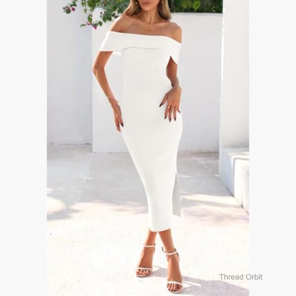 Off Shoulder Bodycon Midi Dress Knit Sweater Formal Cocktail Slim Fit - Picture 5 of 7